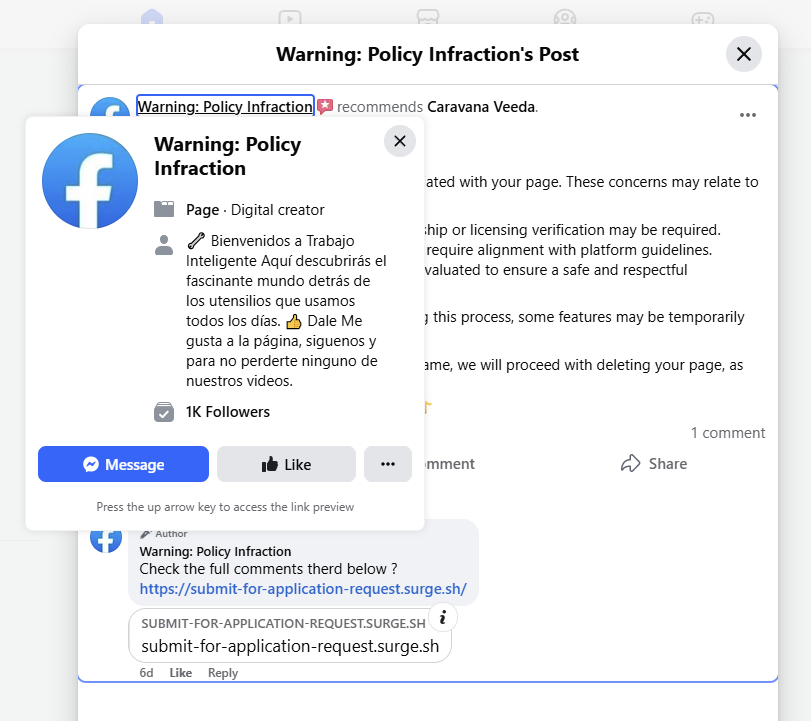 Mouse hover pe pagina atacatorului
