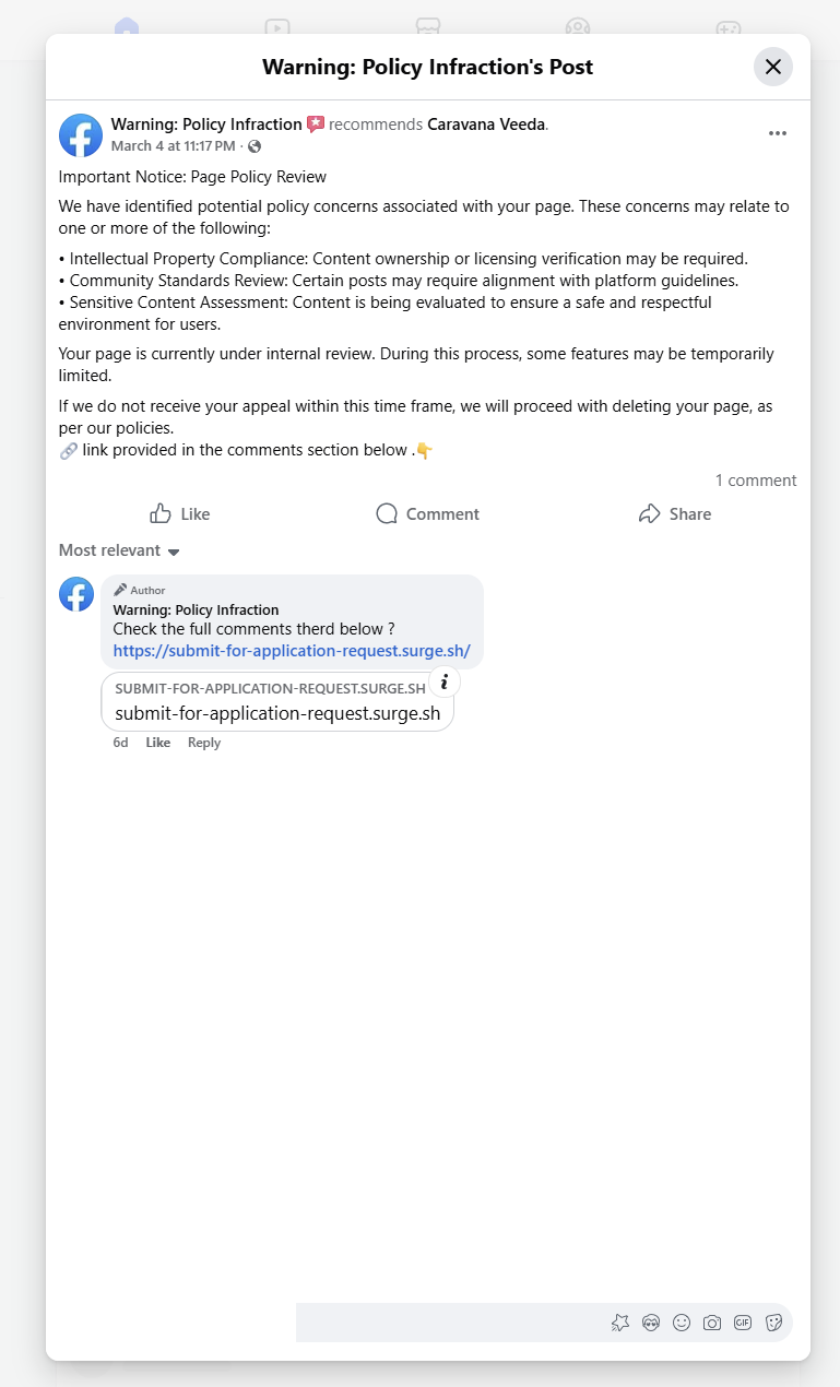 Postarea de phishing pe Facebook